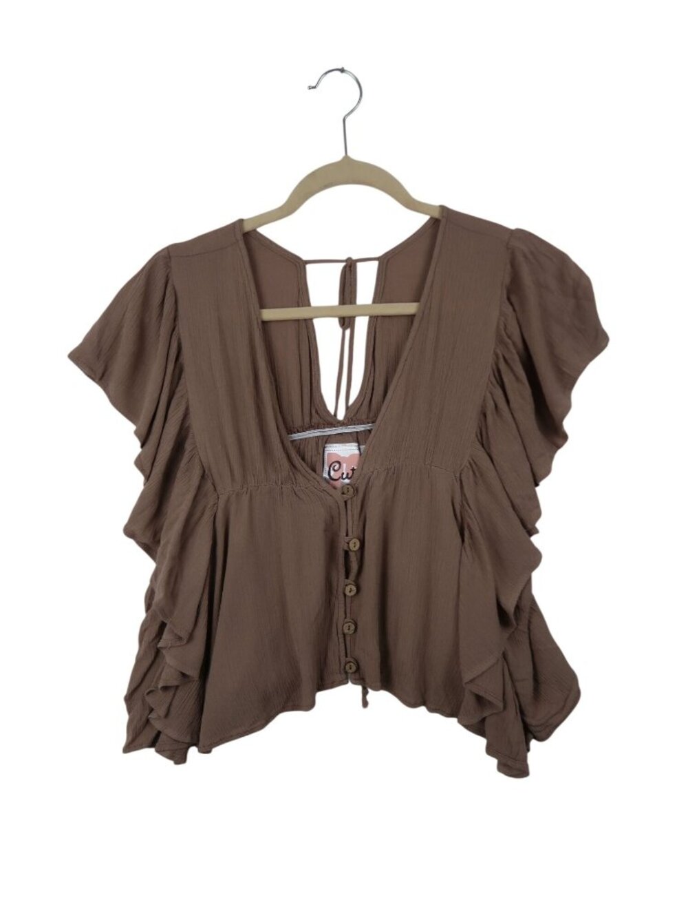 Cute By Daisy S Button-Front Brown Ruffle Sleeve Crepe Blouse Boho Fairy Core
